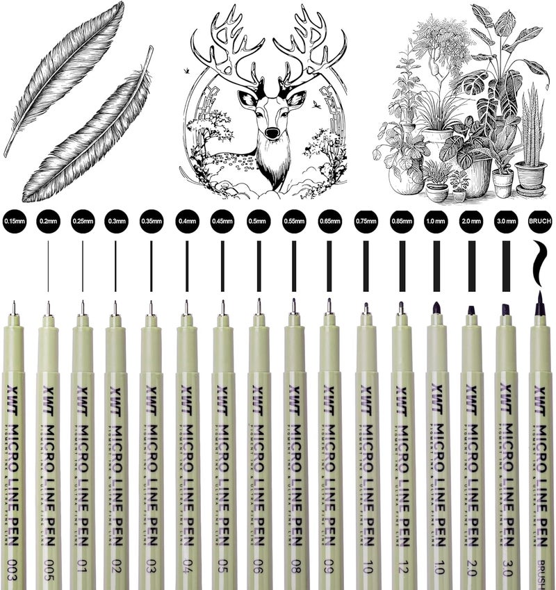 XWT 16pcs Fineliner Micro Drawing Art Pens, Black Waterproof Pigment Ink Set for Artists, Sketching, Manga, Watercolor, Calligraphy, and Detail Outlining Archival Quality Inking Markers - Image 3